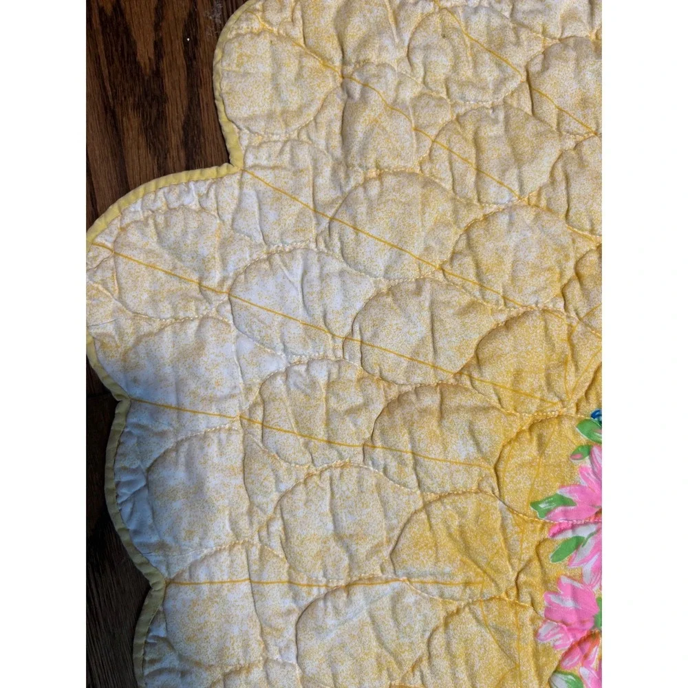 Vintage Kitsch Blue Lamb Baby Blanket Quilted Scalloped Yellow Floral Nursery